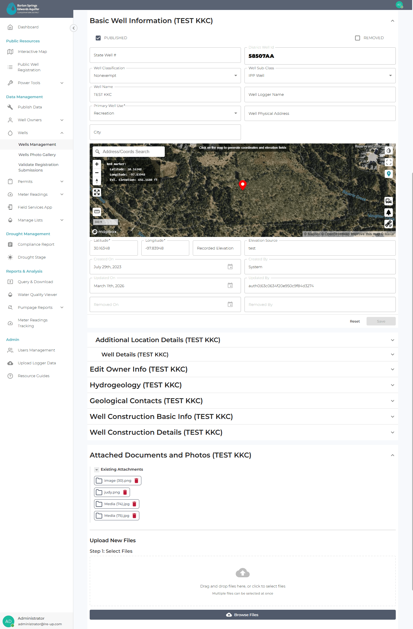 Wells Management in the Barton Springs/Edwards Aquifer Conservation District platform, a comprehensive record-management interface backed by a relational database. Each well is a rich record with collapsible sections for basic information, location (with an interactive map), owner info, hydrogeology, geological contacts, and well-construction details. Every record also carries an Attached Documents and Photos panel where staff view existing attachments and upload new files by drag-and-drop, with files stored in AWS S3 and linked back to the record. It shows how we pair structured, relational data management with integrated document and photo storage so a site's records and files live together.