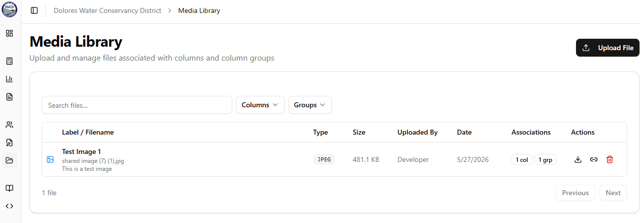 Media Library - an S3-backed media/asset management system (Dolores Water Conservancy District). Staff upload and manage files that are associated with data columns and column groups. A searchable, filterable (by Columns / Groups) table lists each file with a thumbnail, Label/Filename, Type (e.g. JPEG), Size, Uploaded By, Date, Associations (e.g. '1 col', '1 grp') and row Actions to download, associate/link or delete/archive, plus an Upload File action and pagination. Demonstrates centralized media management on cloud storage (S3) with viewing, download, archiving and association of assets to records/data.