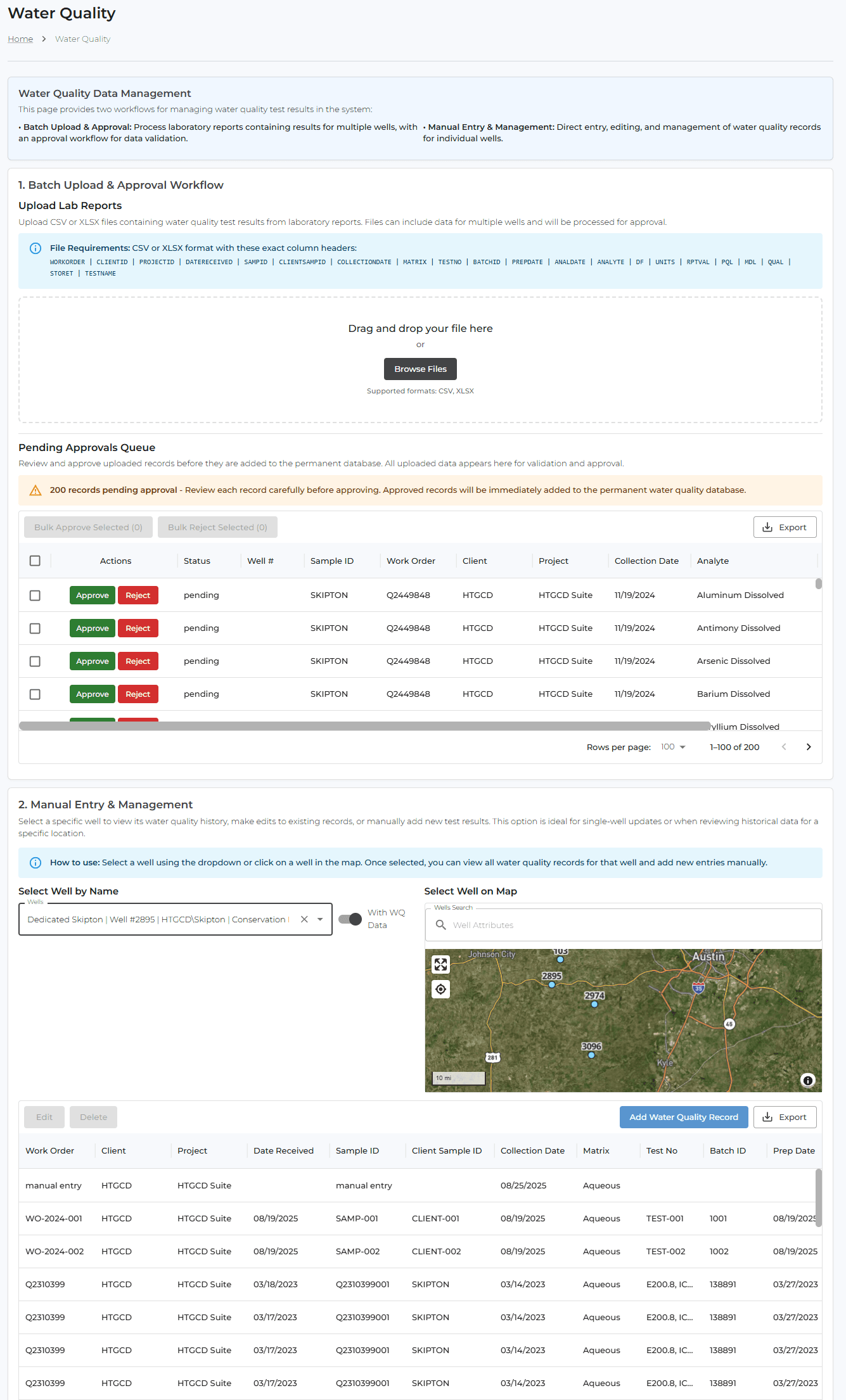 Water Quality Data Management - an admin tool for ingesting and curating lab results. Section 1, Batch Upload & Approval Workflow: drag-and-drop upload of lab report files (CSV/XLS) plus a Pending Approvals Queue table where staff Approve/Reject each parsed record (Status, Well #, Sample ID, Work Order, Project, Collection Date, Analyte) before it writes to the permanent database, with Export. Section 2, Manual Entry & Management: find a well by name or by clicking it on a map, then view/edit a records grid (Well, Client, Project, Date Received, Sample ID, Client Sample ID, Collection Date, Matrix, Test No., Batch ID, Analyte) and 'Add Water Quality Record', with Export. Demonstrates bulk import with a review/approval gate plus manual CRUD and map-based record lookup.