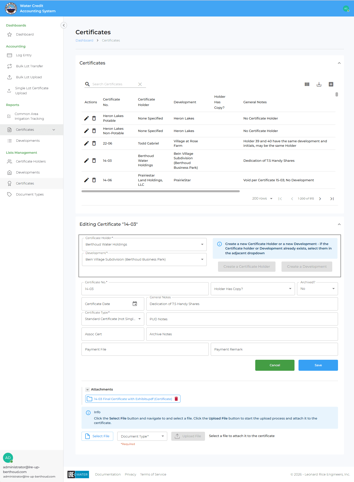 Water Credit Accounting System, a certificate-based water-allocation accounting tool. The Certificates screen lists water certificates by holder, development, and notes, with an inline editor for certificate details, types, dates, and attached documents. The system also supports accounting log entry, bulk lot transfers and uploads, common-area irrigation tracking, and reports on certificates and developments, tracking per-lot water-credit allocations across HOA and development properties.