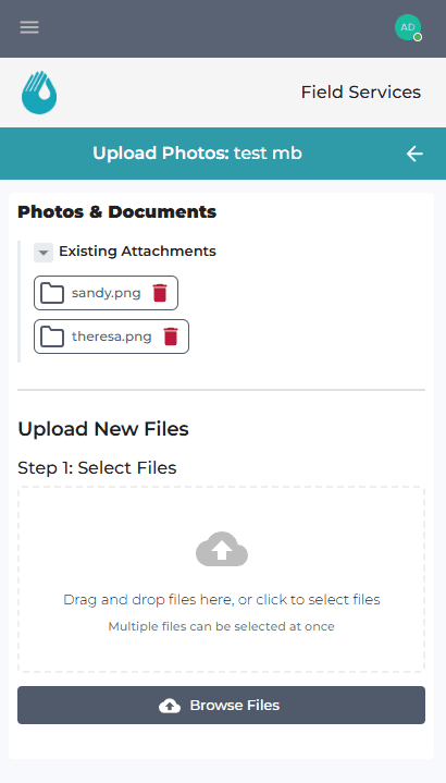 Mobile Upload Photos / Photos & Documents screen. Shows Existing Attachments (e.g. sandy.png, theresa.png) with delete actions, and an Upload New Files area with drag-and-drop or 'Browse Files', supporting multiple files at once. Lets field staff attach site photos and documents to a well record.