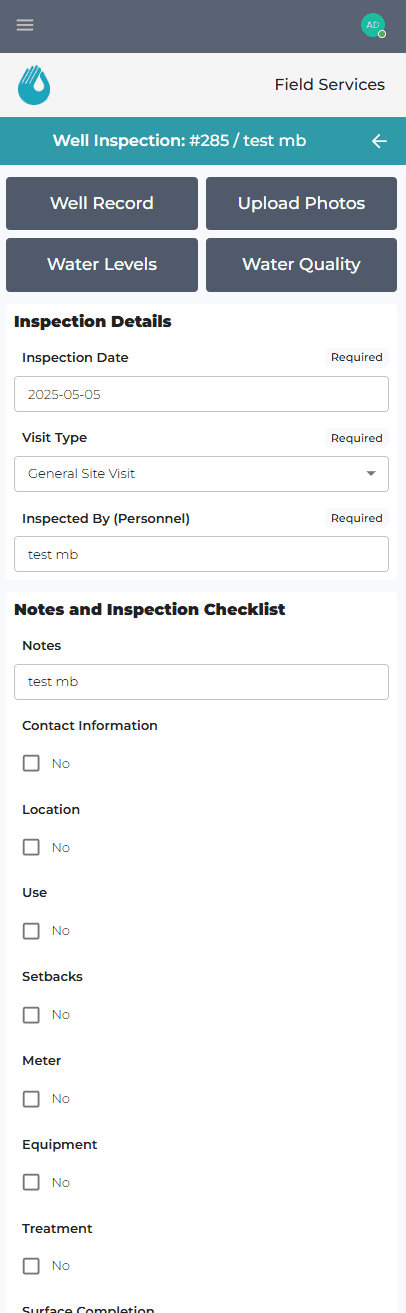 Mobile Well Inspection form (#285). Inspection Details captures Inspection Date, Visit Type (dropdown, e.g. General Site Visit) and Inspected By, all marked Required. A Notes and Inspection Checklist follows with Yes/No checkbox items - Contact Information, Location, Use, Setbacks, Meter, Equipment, Treatment, Surface Completion - for structured on-site inspections.