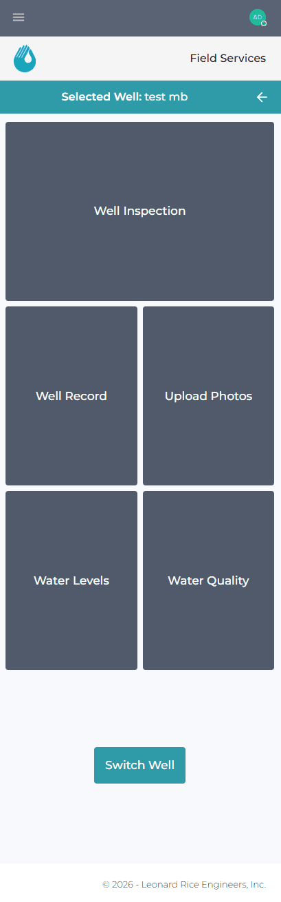 Mobile-first Field Services app home for a selected well. After choosing a well (here 'test mb'), the worker sees large touch tiles for the field tasks: Well Inspection, Well Record, Upload Photos, Water Levels and Water Quality, plus a 'Switch Well' button and a hamburger menu. Built for phone use in the field. (Powered by Leonard Rice Engineers.)