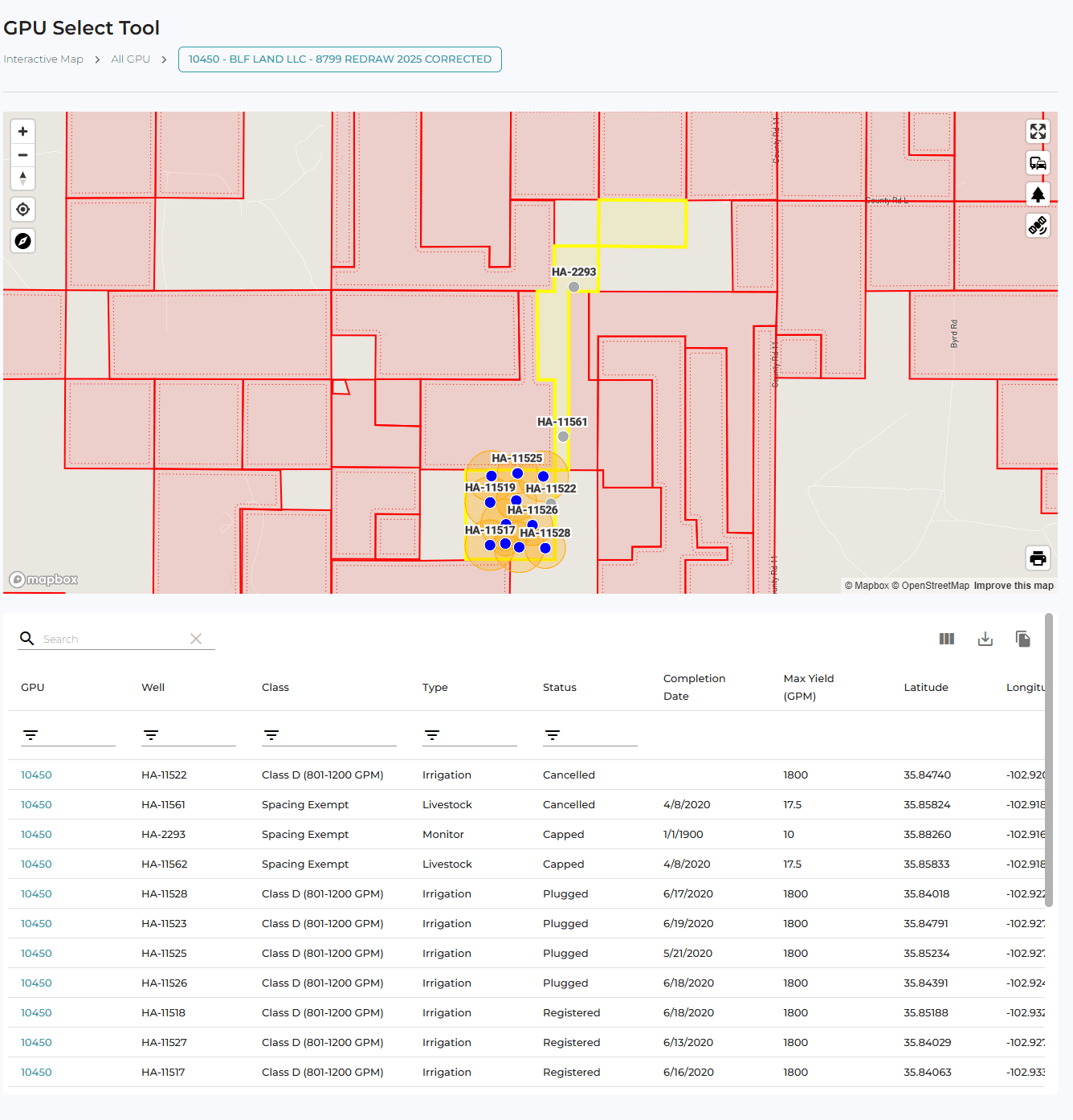 GPU Select Tool - a map-based selection interface for working with a GPU (a grouping/production unit of wells). On a parcel basemap, the user selects a unit and the tool highlights its member wells (markers linked by a selection polygon) and populates a results table below listing each well's GPU, Well ID, Class, Type, Status, Completion Date, Max Yield (GPM) and Latitude/Longitude, with search/filter per column. A header chip shows the selected entity/permittee. Demonstrates spatial select-on-map driving a linked tabular well inventory for a unit - combining map selection with detailed records and export.