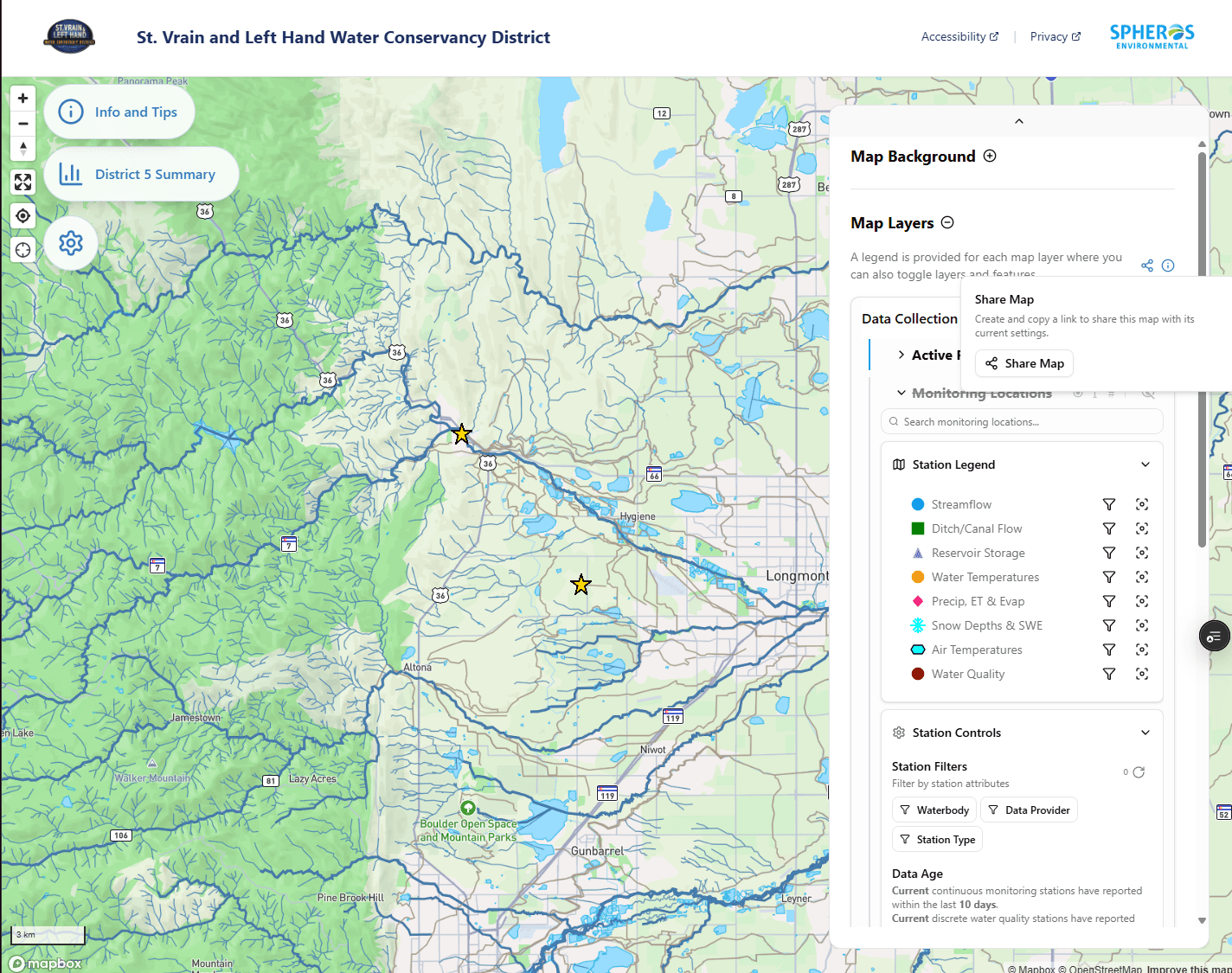 Interactive hydrology and water-rights map for the St. Vrain and Left Hand Water Conservancy District (public, shareable view). A Mapbox basemap renders the district's stream network with toggleable layers and a Station Legend covering Streamflow, Ditch/Canal Flow, Reservoir Storage, Water Temperatures, Precip/ET/Evap, Snow Depths and SWE, Air Temperatures, and Water Quality, plus an Active River Calls layer. Left panels expose Info and Tips and a District 5 Summary; the right panel provides map background, per-layer legends, station search and filters (by waterbody, data provider, station type), and a Share Map control that links to the exact map state shown. Demonstrates a public, stakeholder-facing spatial portal that combines live monitoring layers with water-rights administration in one shareable view.