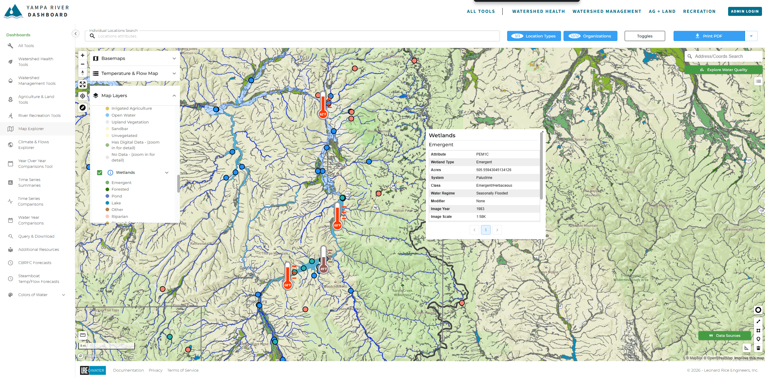 The public map pulls published Esri ArcGIS MapServer layers (Colorado Natural Heritage Program wetlands and riparian) and an OGC Web Map Service (national land cover) directly into the viewer as live raster layers. Clicking the map issues an identify / GetFeatureInfo request straight to those services and returns feature attributes in a popup, so both the layer and its metadata come live from the authoritative source rather than a static copy.