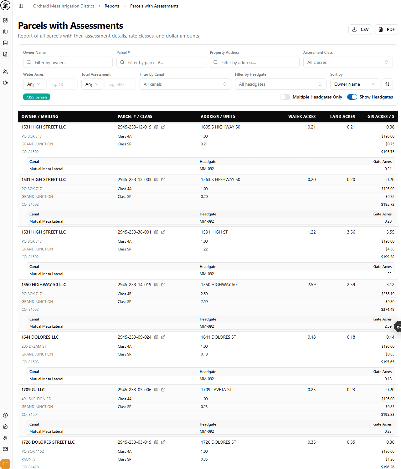 Parcels with Assessments report - interactive query UI (Orchard Mesa Irrigation District). This is the on-screen builder that generates the Canals/Headgates/Parcels report: a filter bar (owner, parcel #, property address, assessment class, sorting, plus 'Multiple Headgates Only' and 'Show Headgate' toggles) drives a live, grouped results list of parcels (Owner/Mailing, Parcel #/Class, Address, Water Acres, Land Acres, Sol Acres and dollar amounts) organized by canal/headgate, over thousands of parcels. CSV and PDF export actions produce the formatted report. Demonstrates the configurable query/preview front-end paired with its exported report output (see the generated PDF version on this sheet).