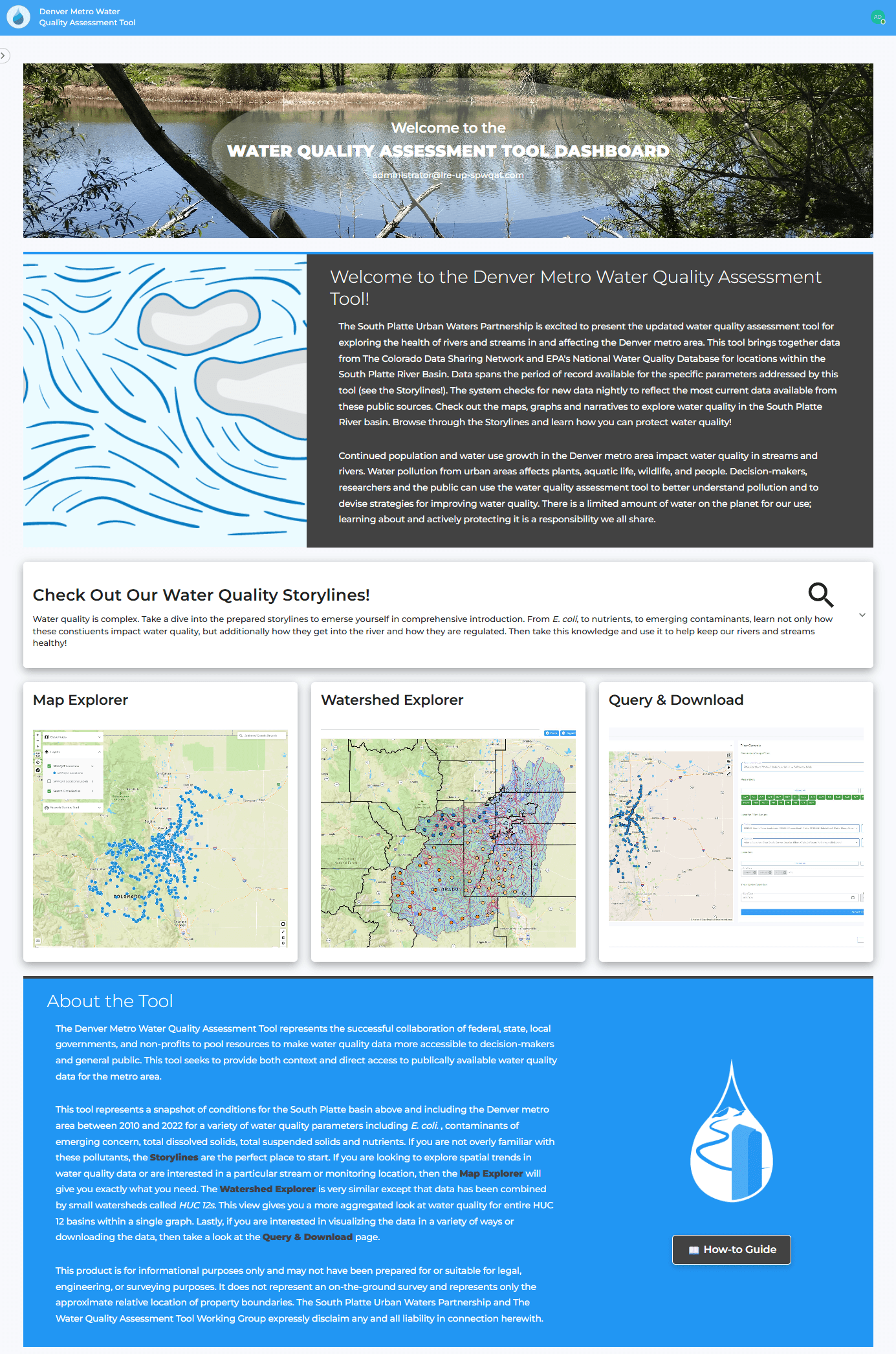 Denver Metro Water Quality Assessment Tool - the public landing/portal page. A hero banner introduces the 'Water Quality Assessment Tool Dashboard', followed by a 'Welcome' overview of the South Platte Urban Waters Partnership tool and a 'Check Out Our Water Quality Storylines!' section with search. A card grid links to the core tools - Map Explorer, Watershed Explorer and Query & Download - and an 'About the Tool' section plus a 'How-To Guide' button round out the page. Demonstrates a public, responsive portal that aggregates maps, explorers and data downloads for a broad stakeholder audience. (Most content is public.)