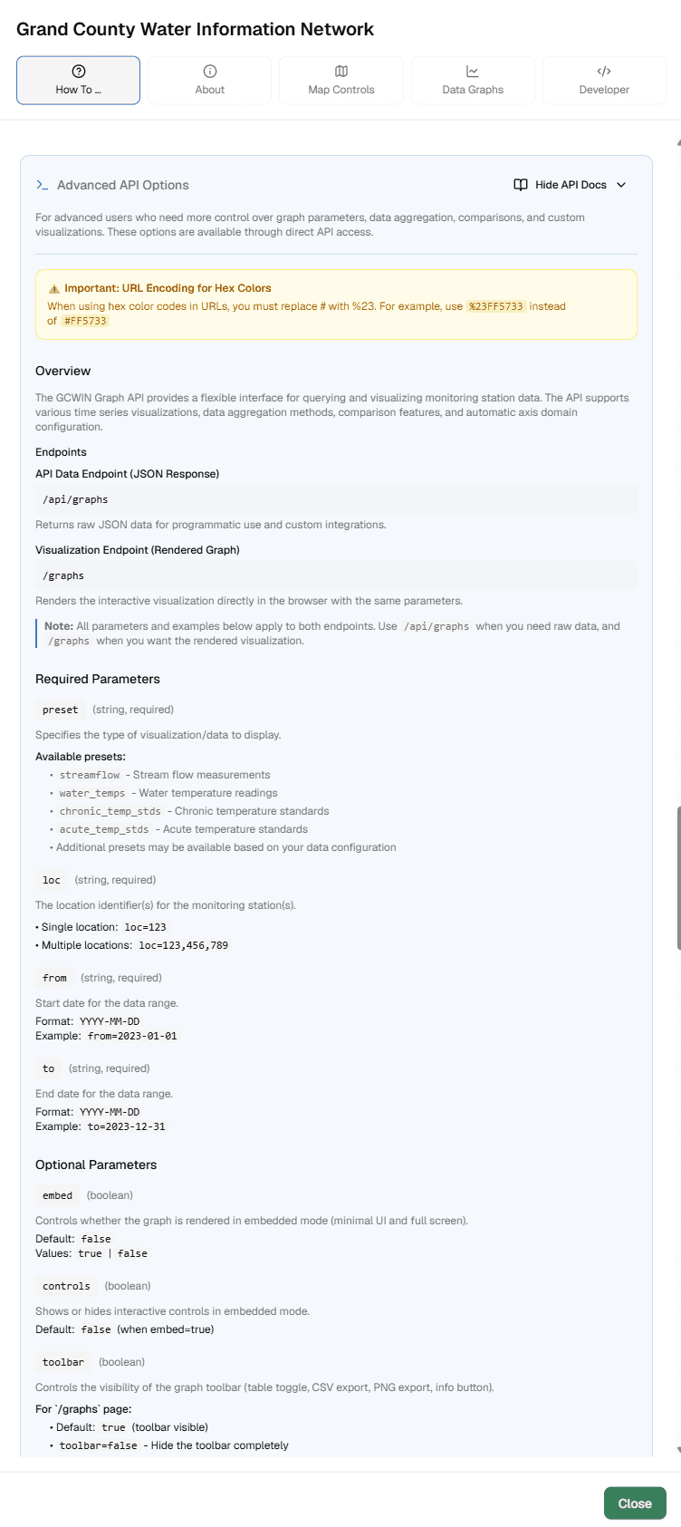 Advanced API Options - developer documentation for the GCWIN graphing system. The Developer tab documents the Graph API used to embed and automate visualizations: an Overview, the API Graph Endpoint (with a JSON response example) and a Visualization Endpoint wrapper (HTML embed). It specifies Required Parameters (preset, locations, from, to - with allowed values, multi-location syntax and date formats) and Optional Parameters (controls, toolbar, embed, etc.), each with descriptions, defaults and code examples. Demonstrates that the tools expose documented, parameterized APIs/embeds for developers - in-product developer docs alongside the end-user help.