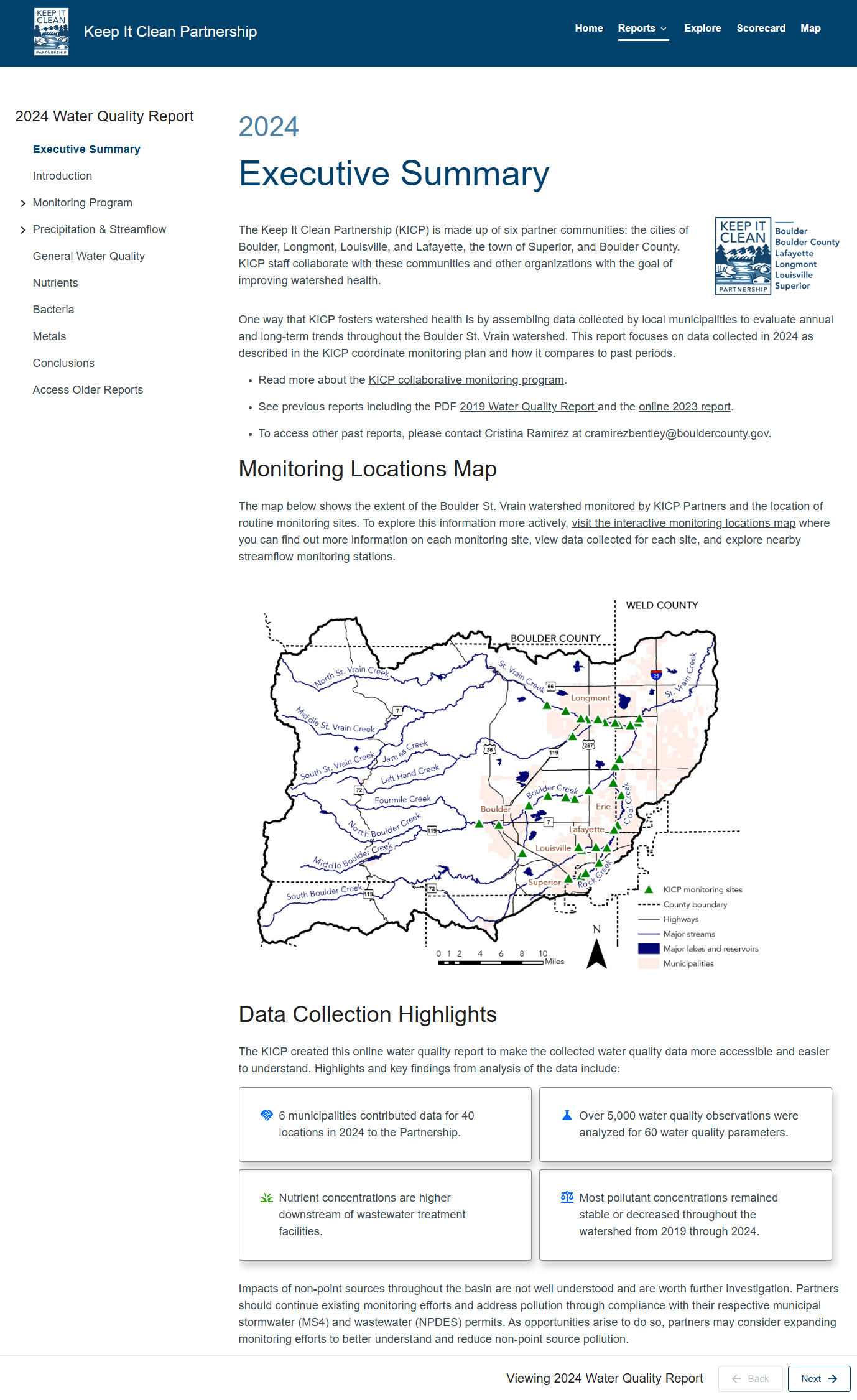 Keep It Clean Partnership public Water Quality Annual Report, an interactive, data-forward report. Rather than a static document, the report presents water-quality findings through embedded interactive charts, scorecards, and trend visualizations that readers explore in the browser, pairing narrative context with the underlying monitoring data for a general audience.