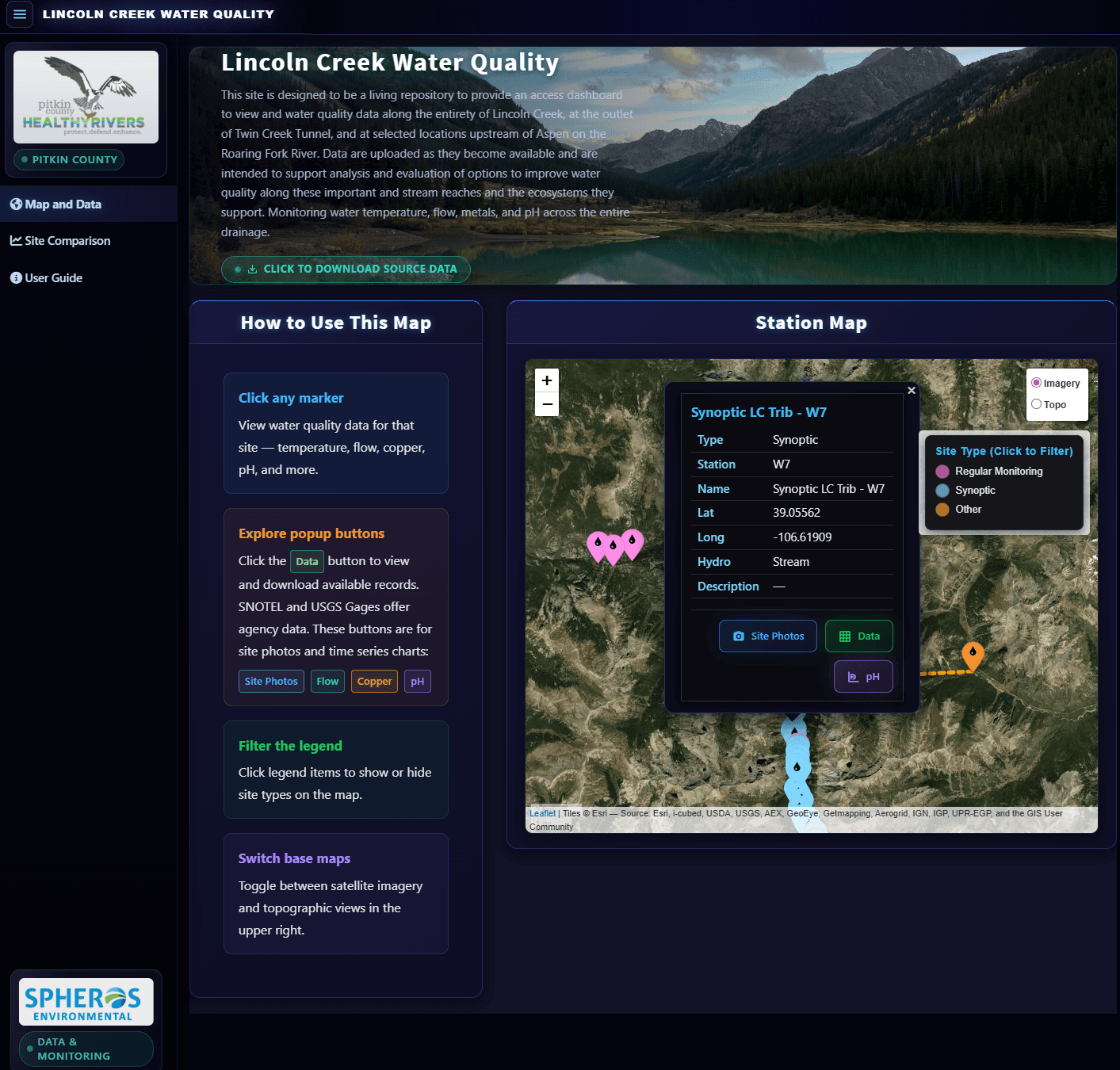 Lincoln Creek Water Quality, a public data portal for the Lincoln Creek watershed. The landing page frames the site as a living repository of water-quality data along the creek, with an interactive station map where each monitoring site links to photos, downloadable records, and parameter charts (temperature, flow, metals, pH). Visitors can compare sites, switch between satellite and topographic basemaps, and reference SNOTEL and USGS gage data. Built as a public R Shiny application.