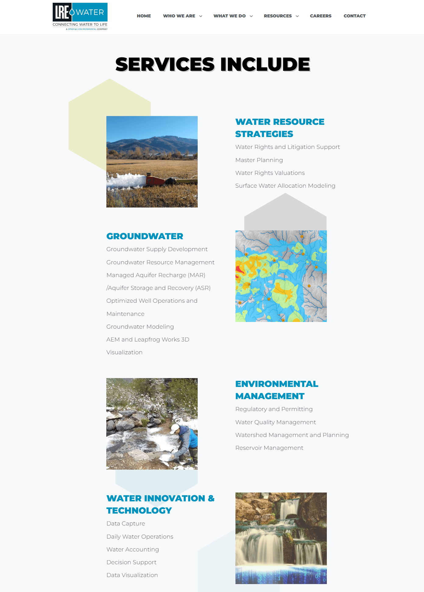 LRE Water company website, a fully branded public marketing and corporate site built on Next.js. It presents the firm's services across water resource strategies, groundwater, environmental management, and water innovation and technology with custom imagery and a tailored layout. The site was backed by a Directus headless content management system over a relational database, enabling non-technical content authors to manage pages and content without developer involvement, demonstrating a branded, content-managed public web presence.