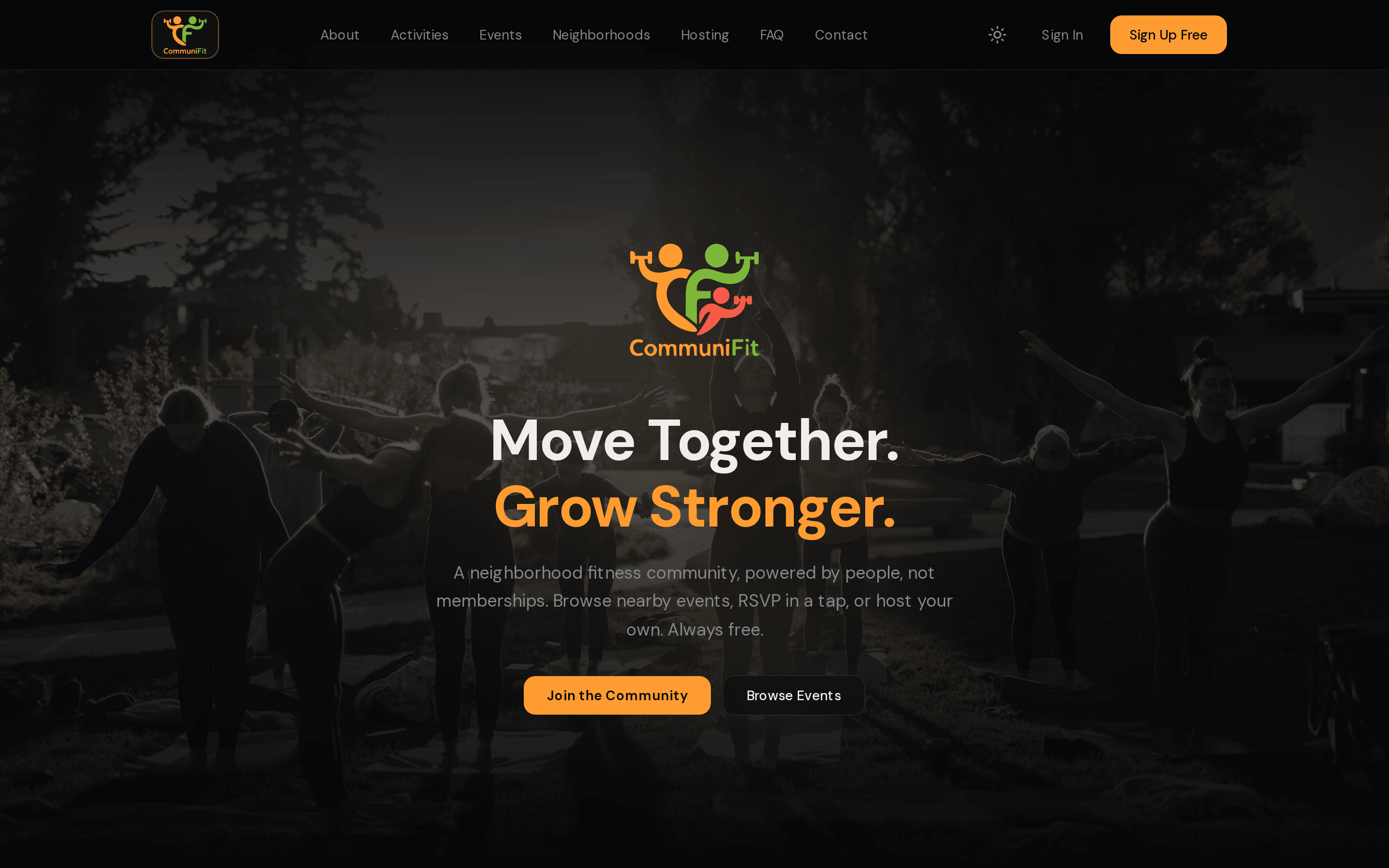 CommuniFit homepage: 'Move Together. Grow Stronger.' over a neighborhood fitness hero with browse and host calls to action