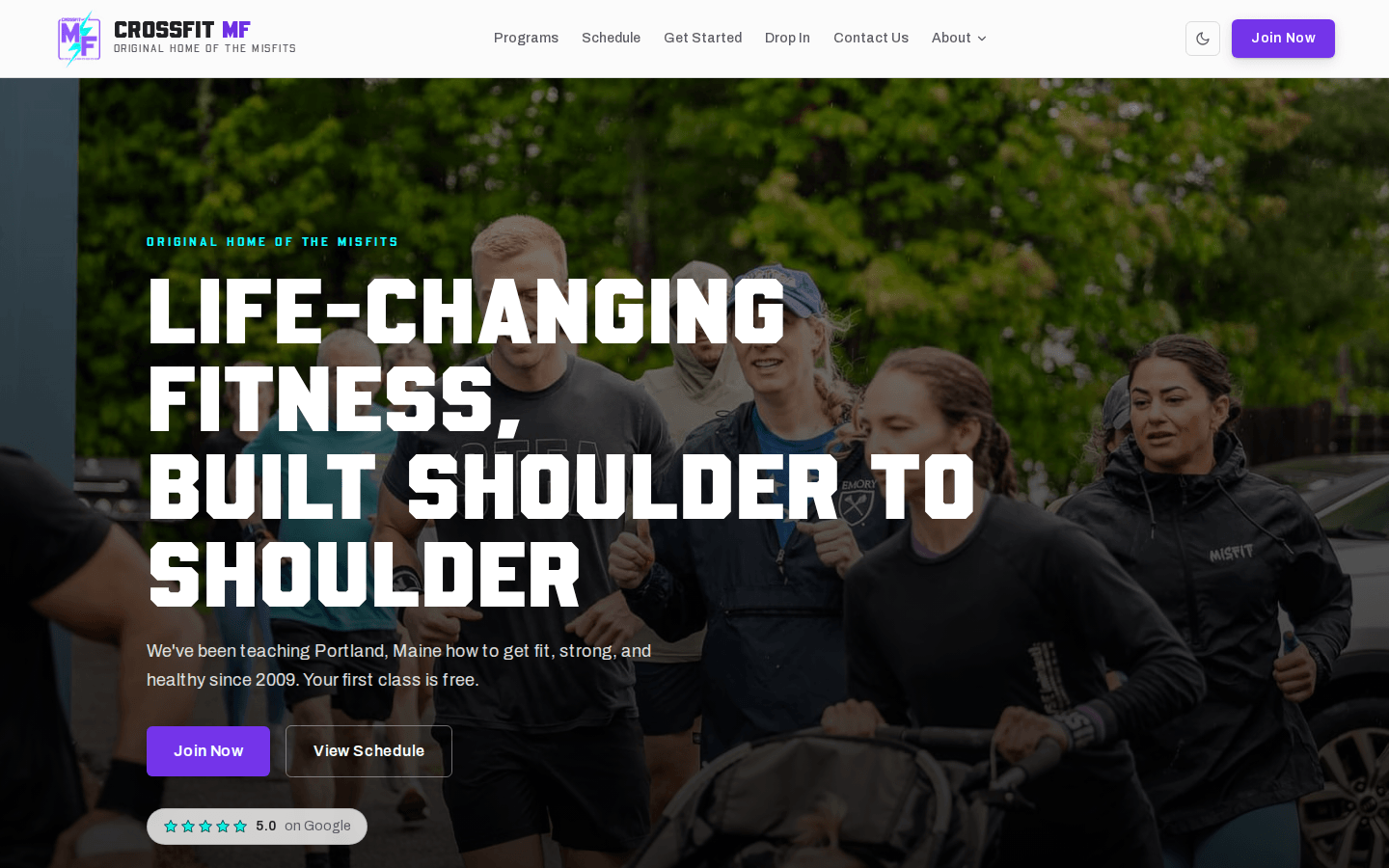CrossFit MF homepage hero: 'Life-changing fitness, built shoulder to shoulder' over a photo of members, with Join Now and View Schedule buttons and a 5.0 Google rating chip